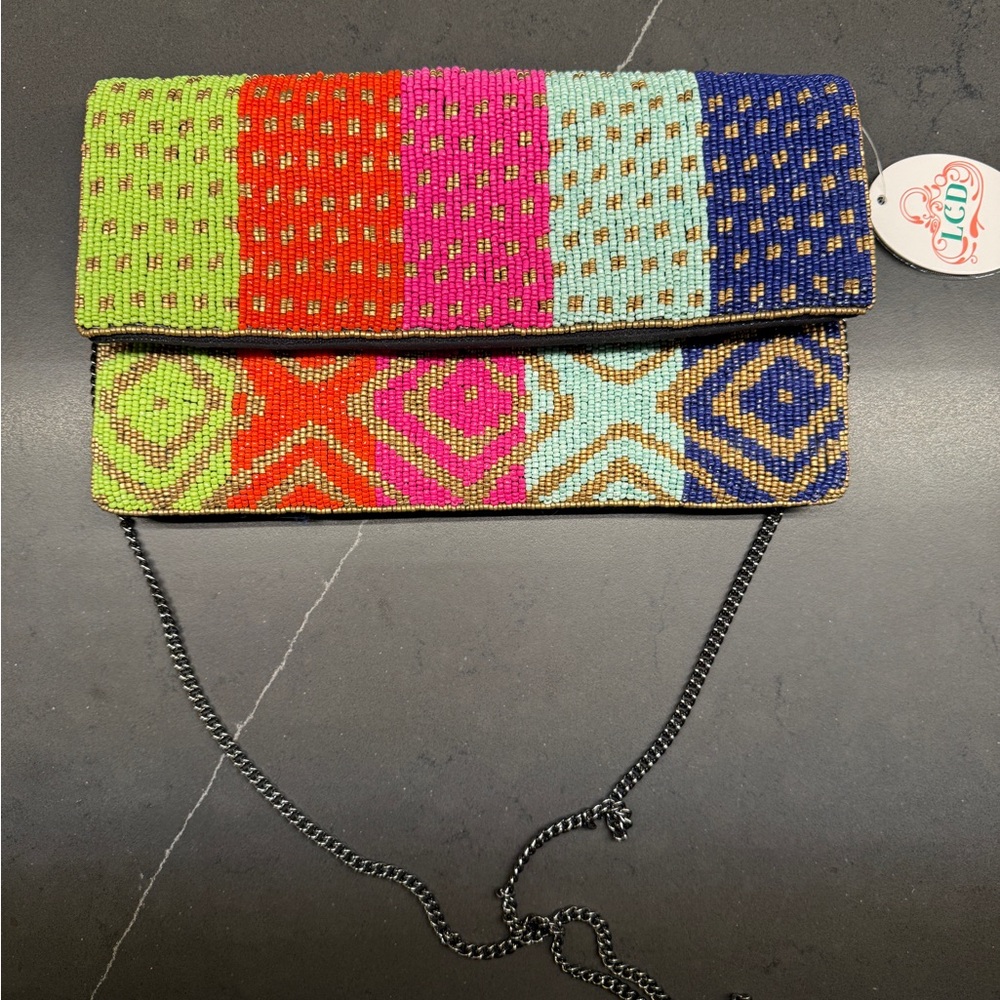Beaded Multicolor Foldover Crossbody Clutch - Vibrant Pattern